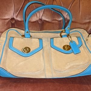 Coach Tan Suede Satchel with Blue Trim